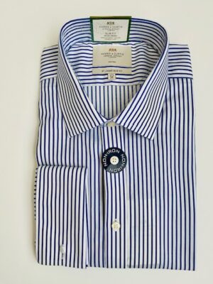 Navy & White Butchers Stripe Slim Fit Shirt, Double Cuffs - Non-Iron
