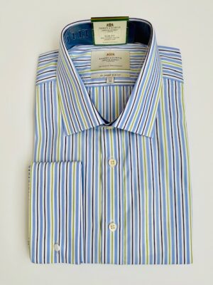Green & Blue Stripe Slim Shirt, Double Cuff - Non-Iron