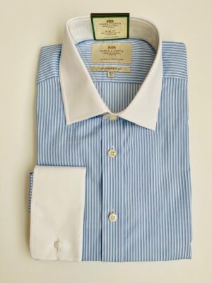 Blue & White Stripe Classic Slim Shirt With White Collar and Cuffs - Non-Iron