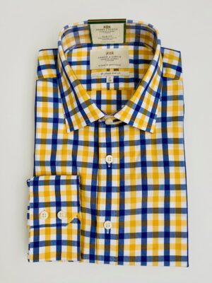 Navy & Yellow Multi Check Slim Shirt - Non-Iron