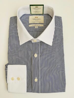 Navy & White Stripe Slim Shirt, White Collar and Cuff - Non-Iron