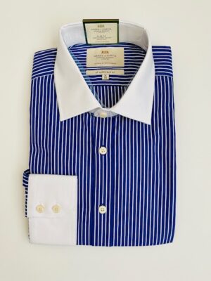 Navy & White Stripe Slim Shirt, White Collar and Cuff - Non-Iron