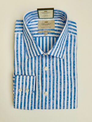 White & Blue Bold Stripe Slim Shirt - Non-Iron