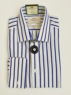 Navy & White Bold Stripe Slim Shirt, Double Cuff - Non-Iron