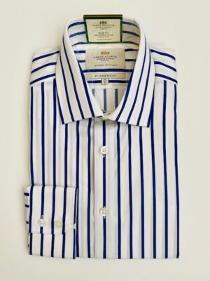 Navy & White Bold Stripe Slim Shirt, Single Cuff - Non-Iron
