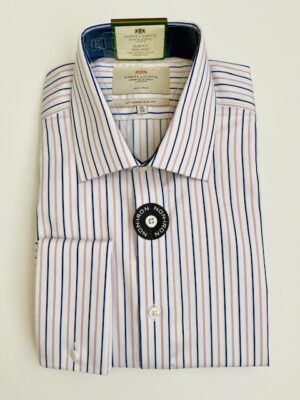 Pink & Navy Stripe Slim Shirt, Double Cuff - Non-Iron