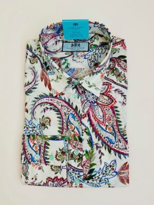 White & Red (Hand Painted Paisley) Cotton Stretch Fitted Shirt