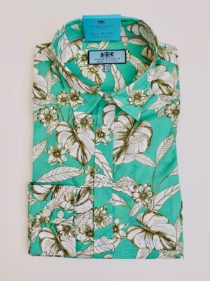 Green & White Tropical Floral Semi-Fitted Cotton Shirt