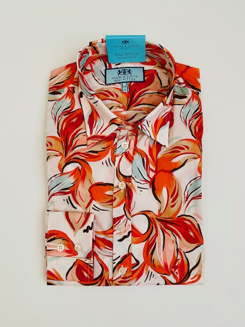 Orange & Red (Stylised Bloom) Cotton Stretch Semi Fitted Shirt