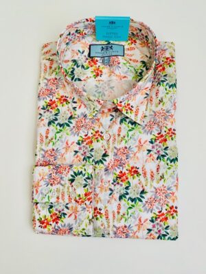 White & Green (Forest Floral) Cotton Stretch Fitted Shirt