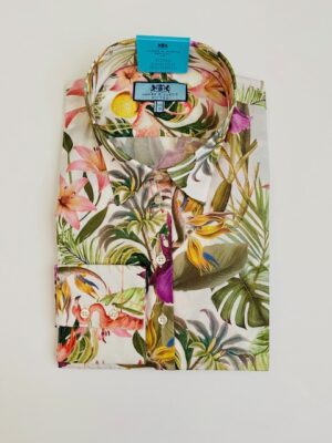 White & Green (Flamingo Floral) Fitted Shirt
