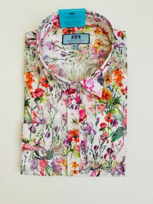 White & Red (Floral Field) Cotton Stretch Semi Fitted Shirt