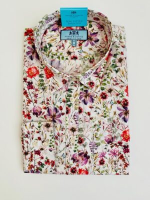 Cream & Red (Autumn Photo Floral) Cotton Stretch Semi Fitted Shirt