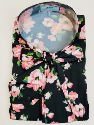 Black & Pink (Water Lily Rose) Satin Semi-Collar Pussybow Blouse