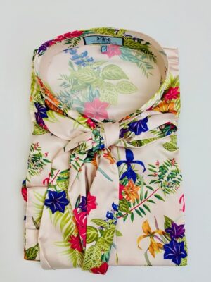 Cream & Green (Tiger Lily Tropical) Satin Semi-Collar Pussybow Blouse