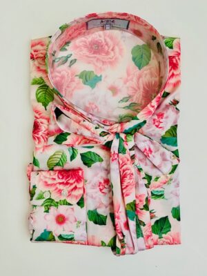 Pink & Green (Floral Rose Blossom) Satin Semi-Collar Pussybow Blouse