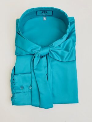 Plain Ocean Satin Semi-Collar Pussybow Blouse