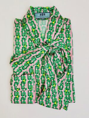 Pink & Green Geometric Chain Satin Pussybow Blouse