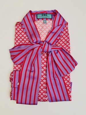 Red & Purple Geometric Satin Pussybow Blouse