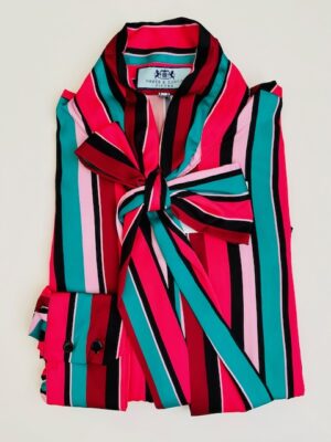 Pink & Black (Paint Box Stripe)  Pussybow Blouse