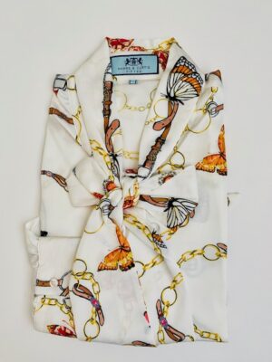 White & Gold (Butterfly Chain) Satin Pussybow Blouse