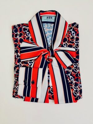 Navy & Red (Chain Stripes Contrast) Satin Pussybow Blouse